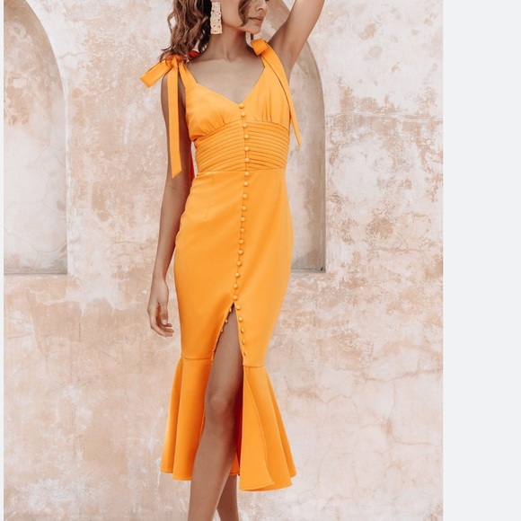 KAMILA TIE STRAP MICRO BUTTON MIDI DRESS IN ORANGE - Picture 1 of 5